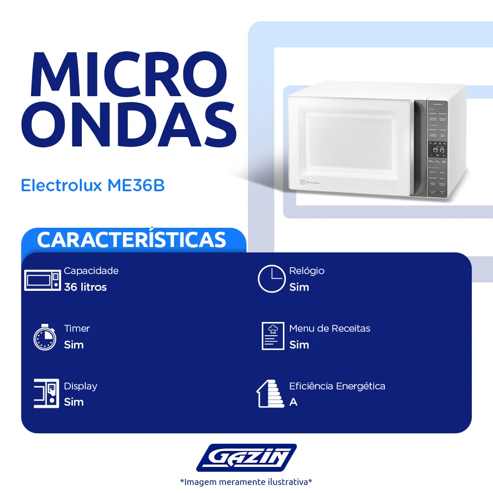 Micro-ondas de Bancada Electrolux 36L 1600W Descongelamento Assistido ME36B