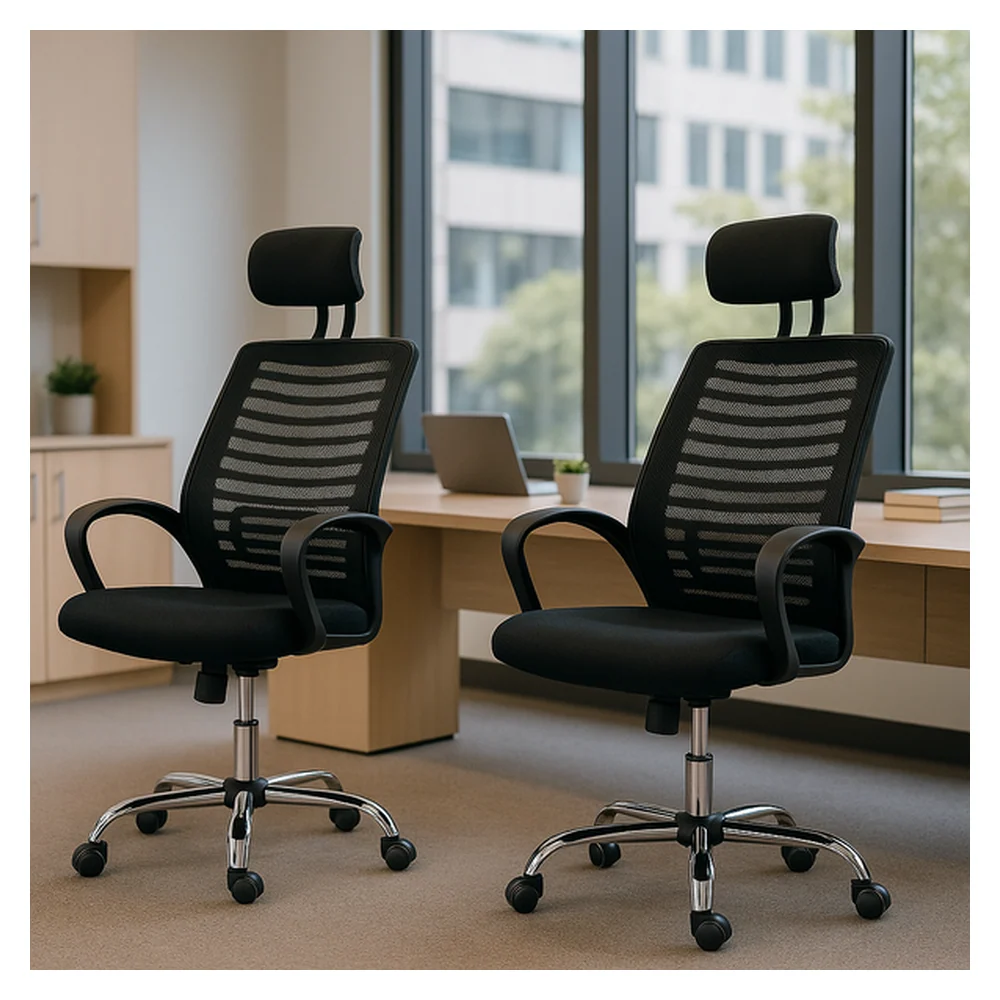 Conjunto 2 Cadeiras De Escritório Home Office Presidente Executiva Alta Ribs Tela Mesh Apoio De Cabeça Preta