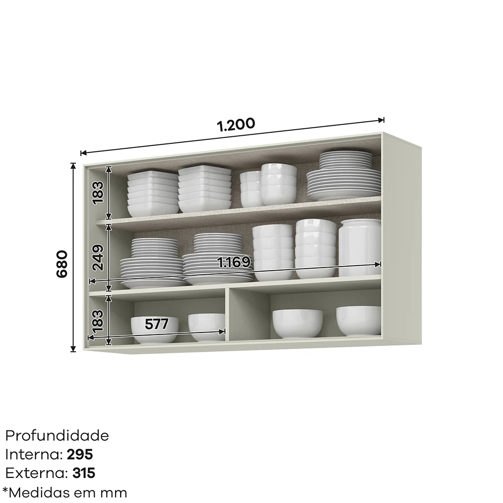 Armário Aéreo 1 Porta Basculante Vidro 120cm Fineze Henn