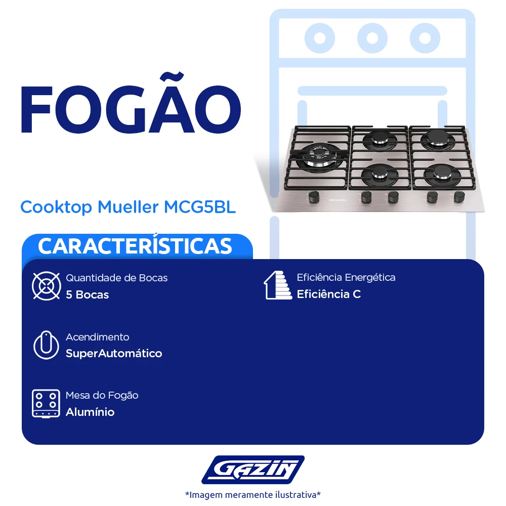 Cooktop a Gás Mueller MCG5BL 5 Bocas Superautomático Mesa de Alumínio