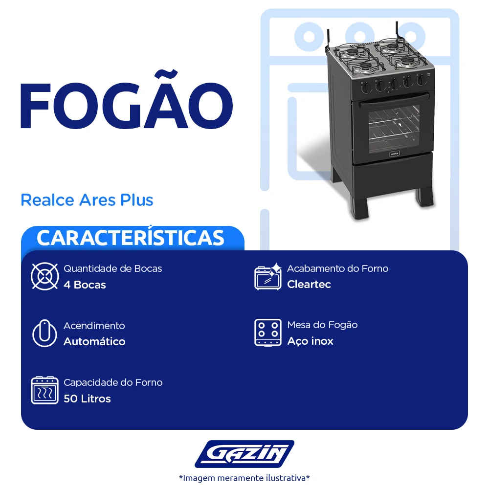 Fogão Realce 4 Bocas Ares Plus Automático Mesa de Inox Forno 50L