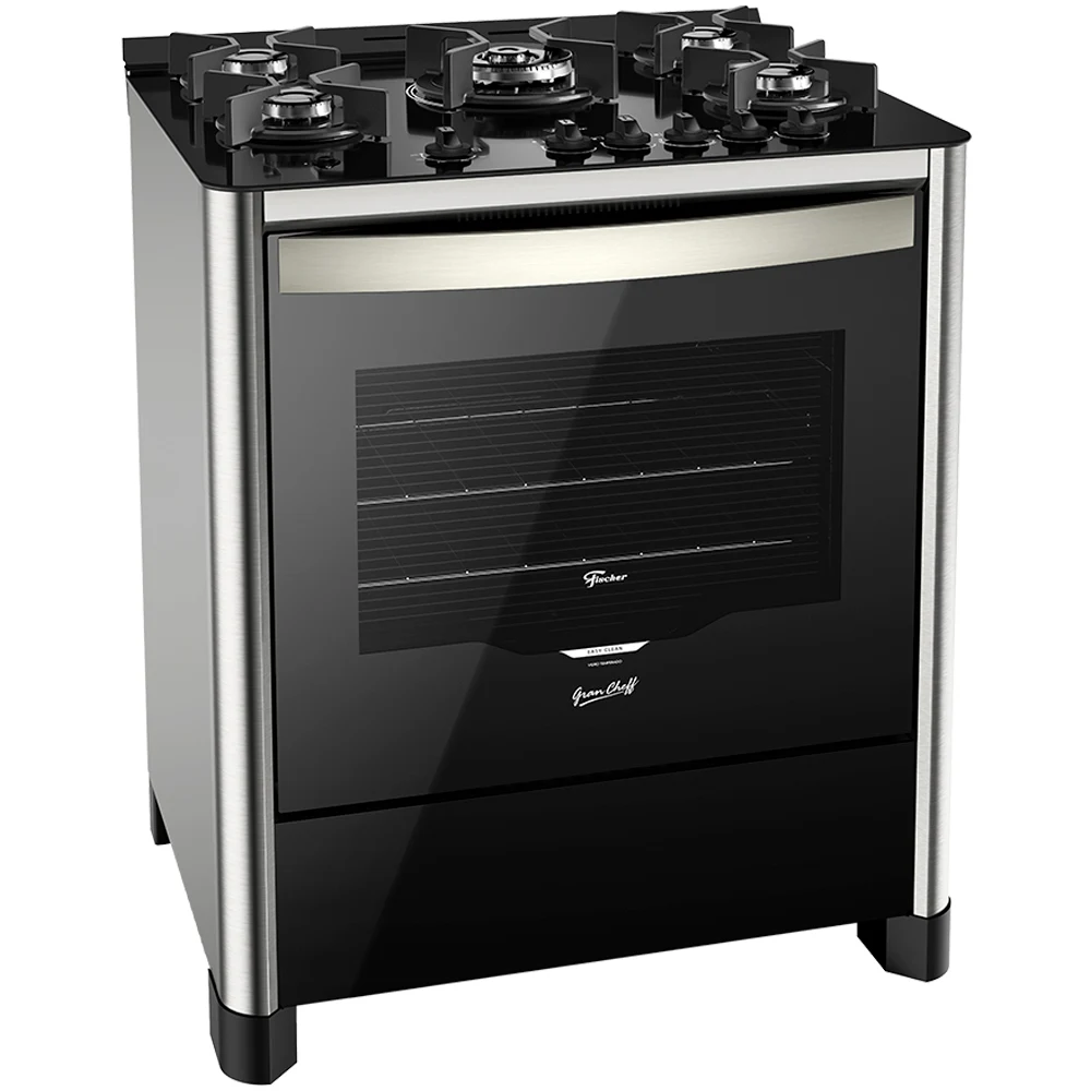 Fogão Fischer 5 Bocas Gran Cheff Automático Mesa de Vidro Tripla Chama