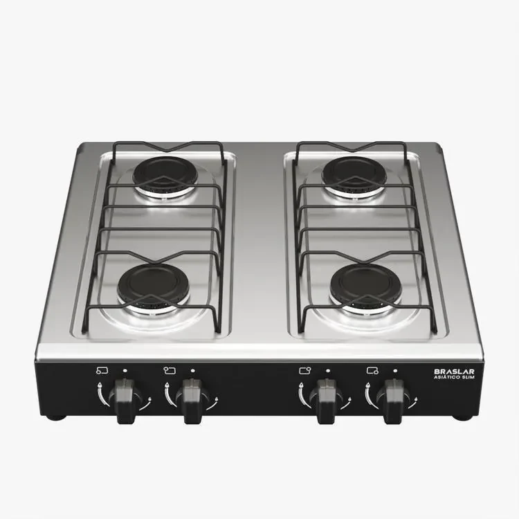 Fogão Cooktop de Mesa 4 Bocas Gás Portátil Braslar Inox Preto e Branco
