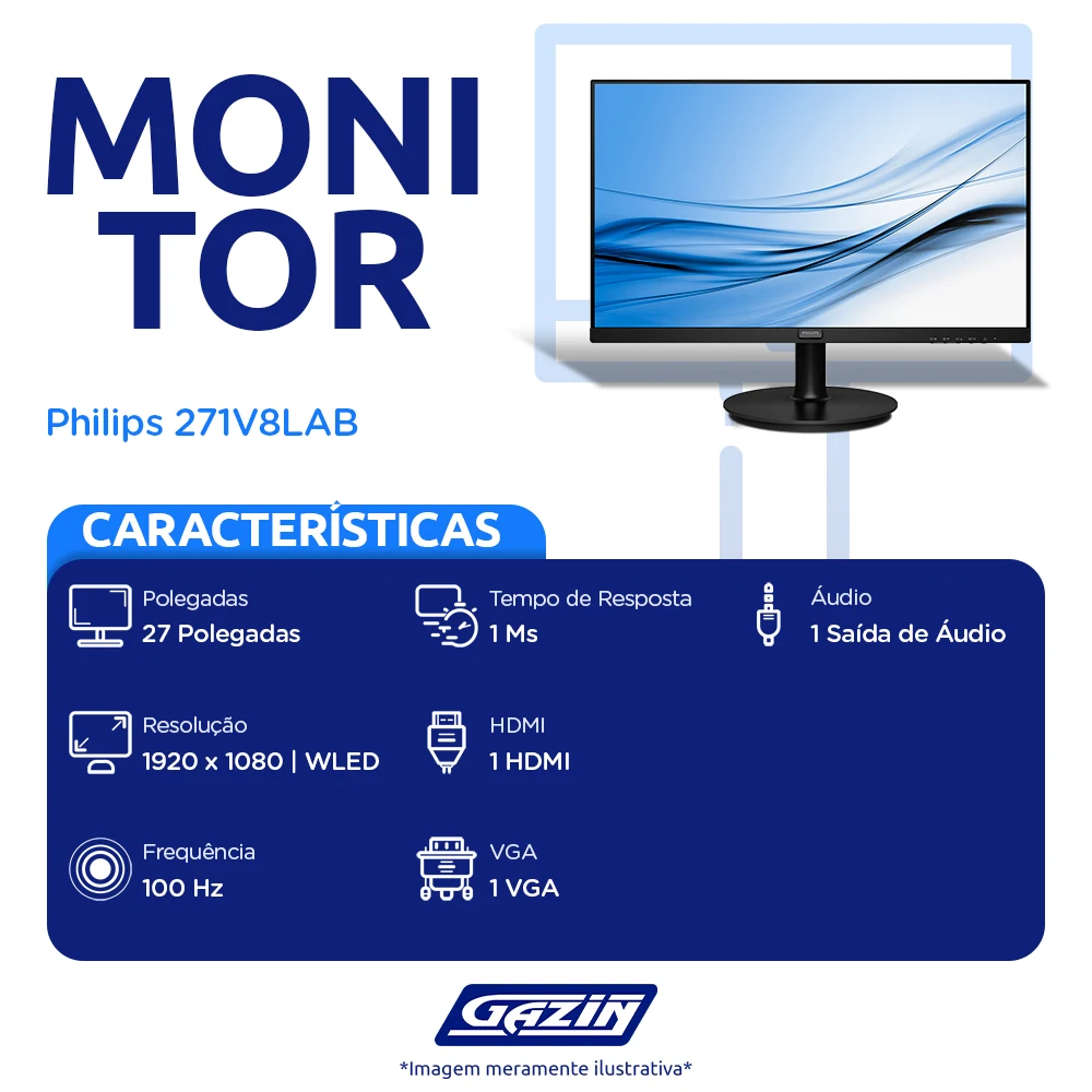 Monitor Philips W-LED 27" Widescreen Full HD HDMI VGA 271V8LAB