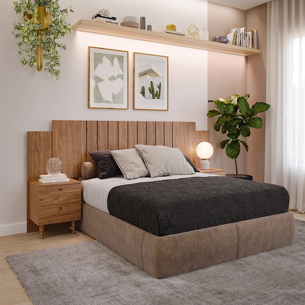 Cabeceira Casal Extensível Gênova MDF com Mesa de Cabeceira Panan