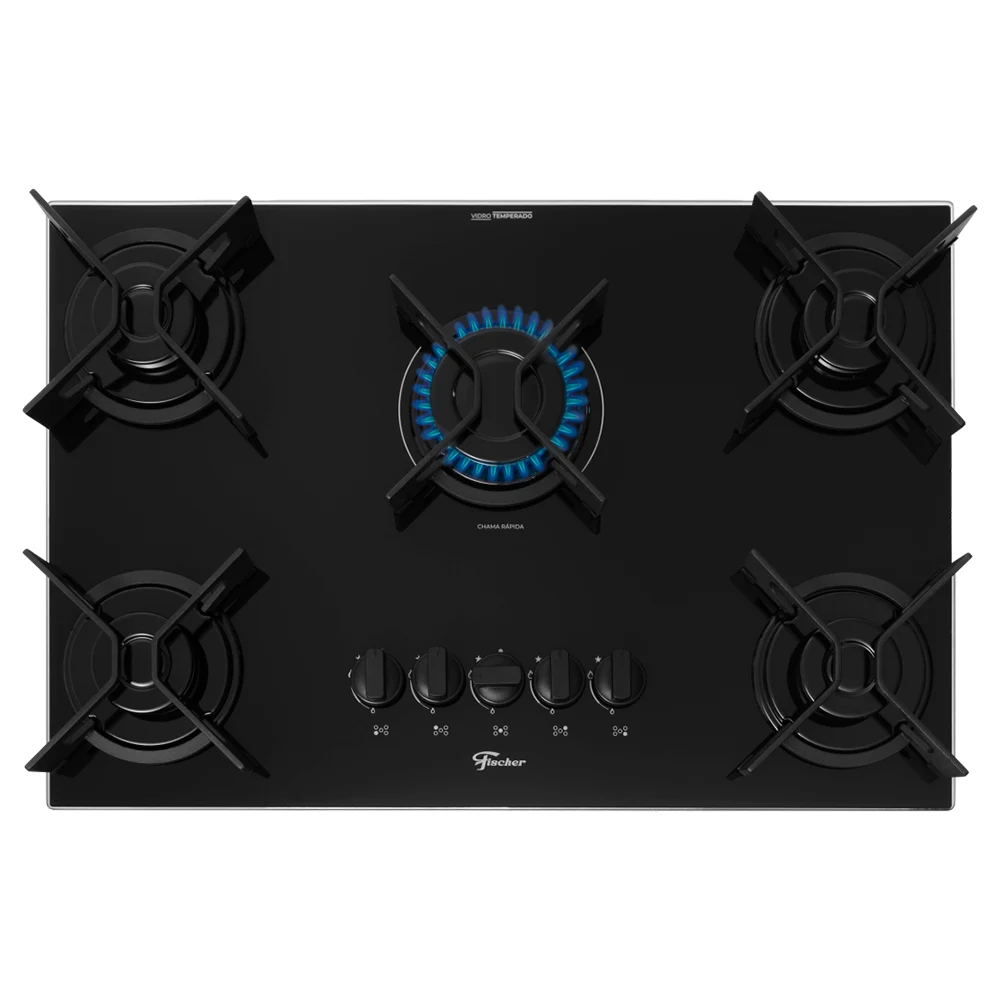 Cooktop a Gás Fischer Fit Line Iron 5 Bocas Superautomático Mesa de Vidro