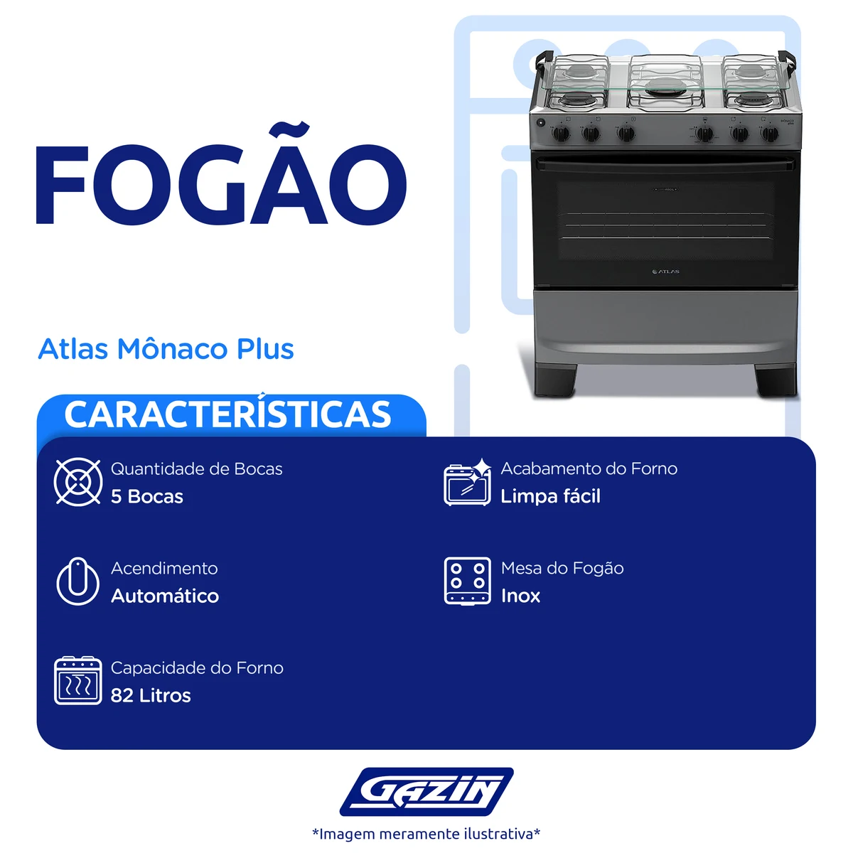 Fogão Atlas Mônaco Plus 5 Bocas Automático Mesa de Inox Forno