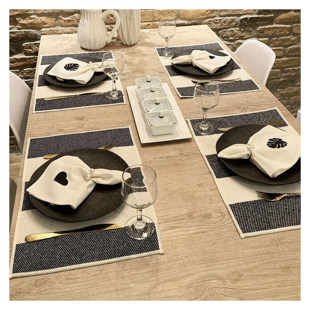 Jogo Americano Boho Listrado 33x50cm Preto/off White 4 Peças