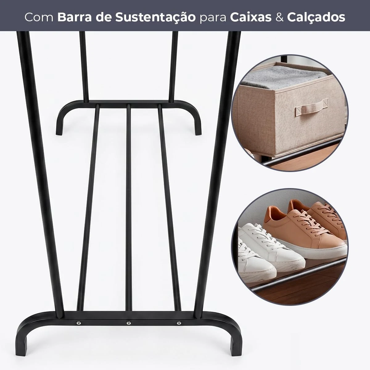 Decolab Arara Cabideiro de Chão Extensível Duplo com Sapateira - Preto Fosco