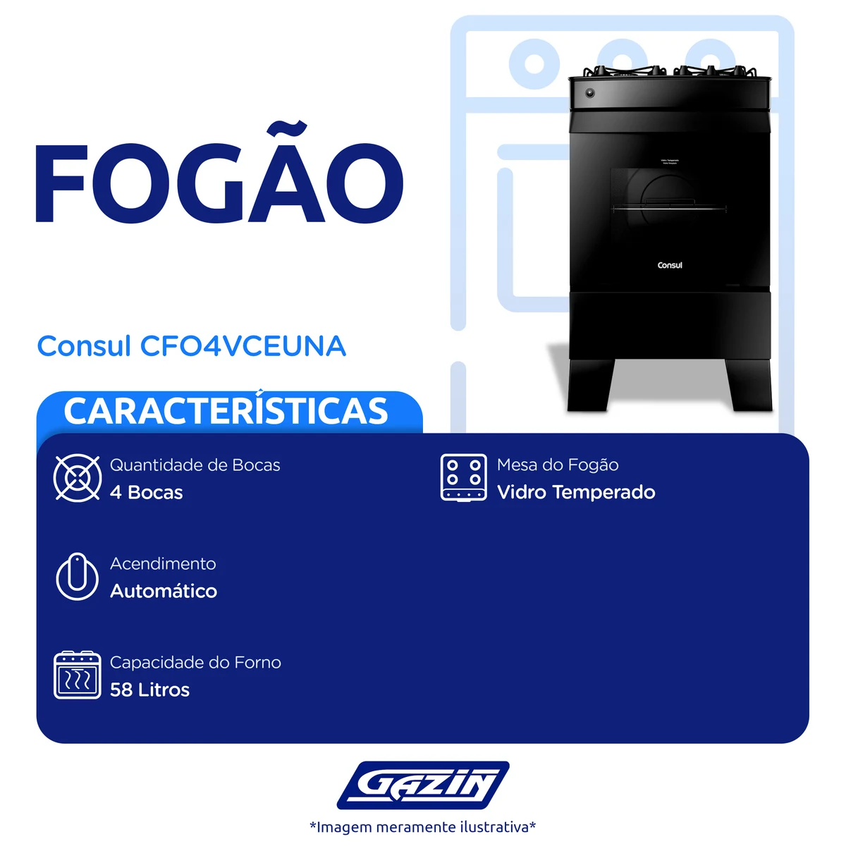 Fogão Consul CFO4VCEUNA 4 Bocas Automático Mesa de Vidro Forno 58L