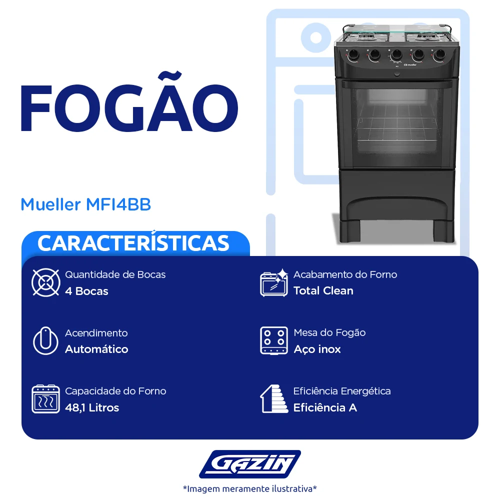 Fogão Mueller MFI4BB 4 Bocas Automático Mesa de Inox Forno 48,1L