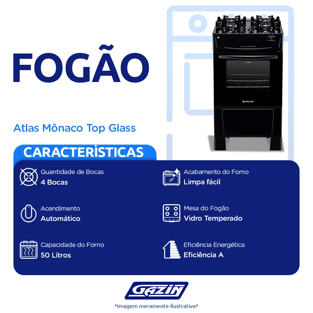 Fogão Atlas 4 Bocas Mônaco Top Glass Automático Mesa de Vidro Forno 50L