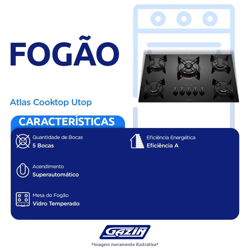 Cooktop a Gás Atlas Utop 5 Bocas Superautomático Mesa em Vidro Temperado