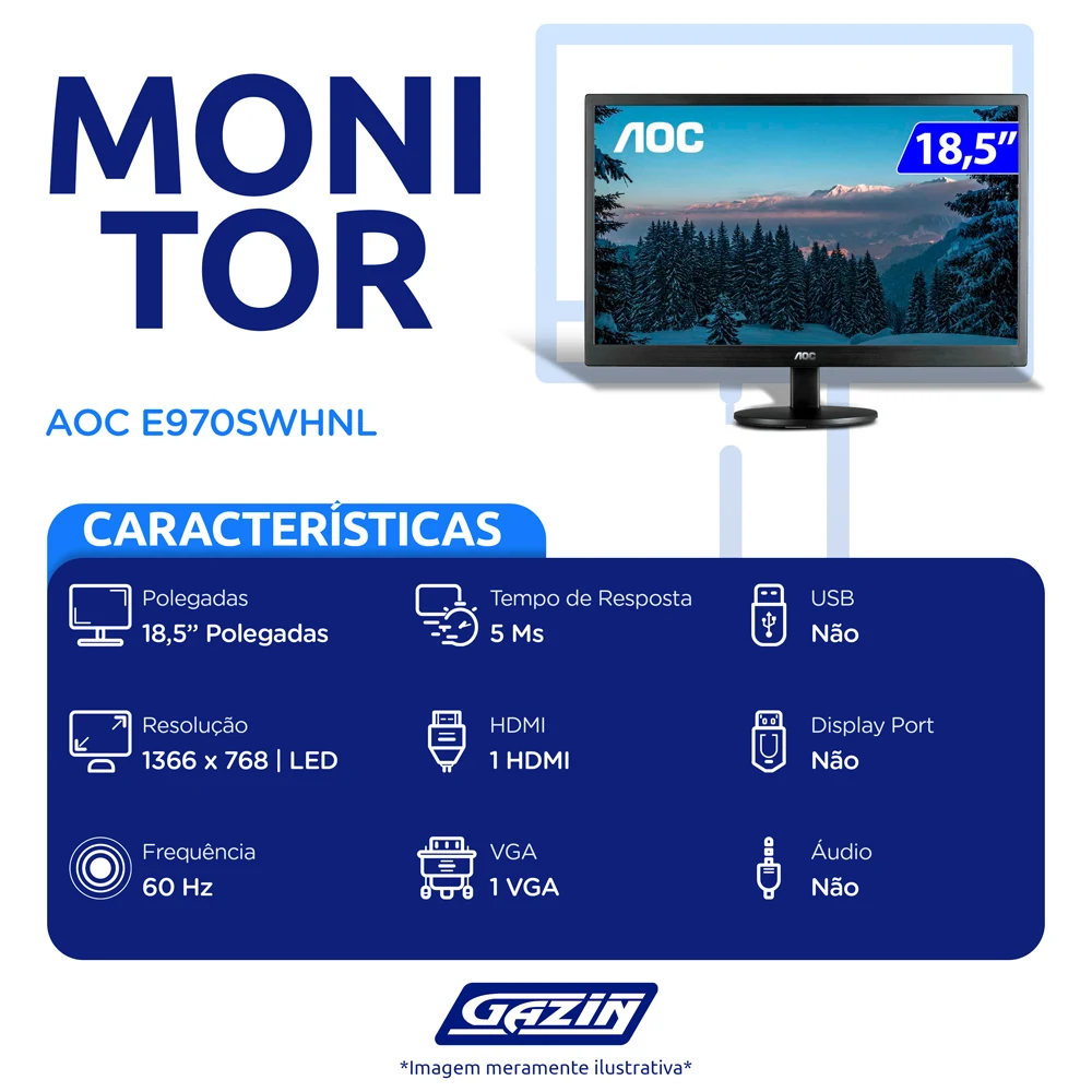 Monitor AOC LED 18,5" Widescreen HD HDMI VGA E970SWHNL